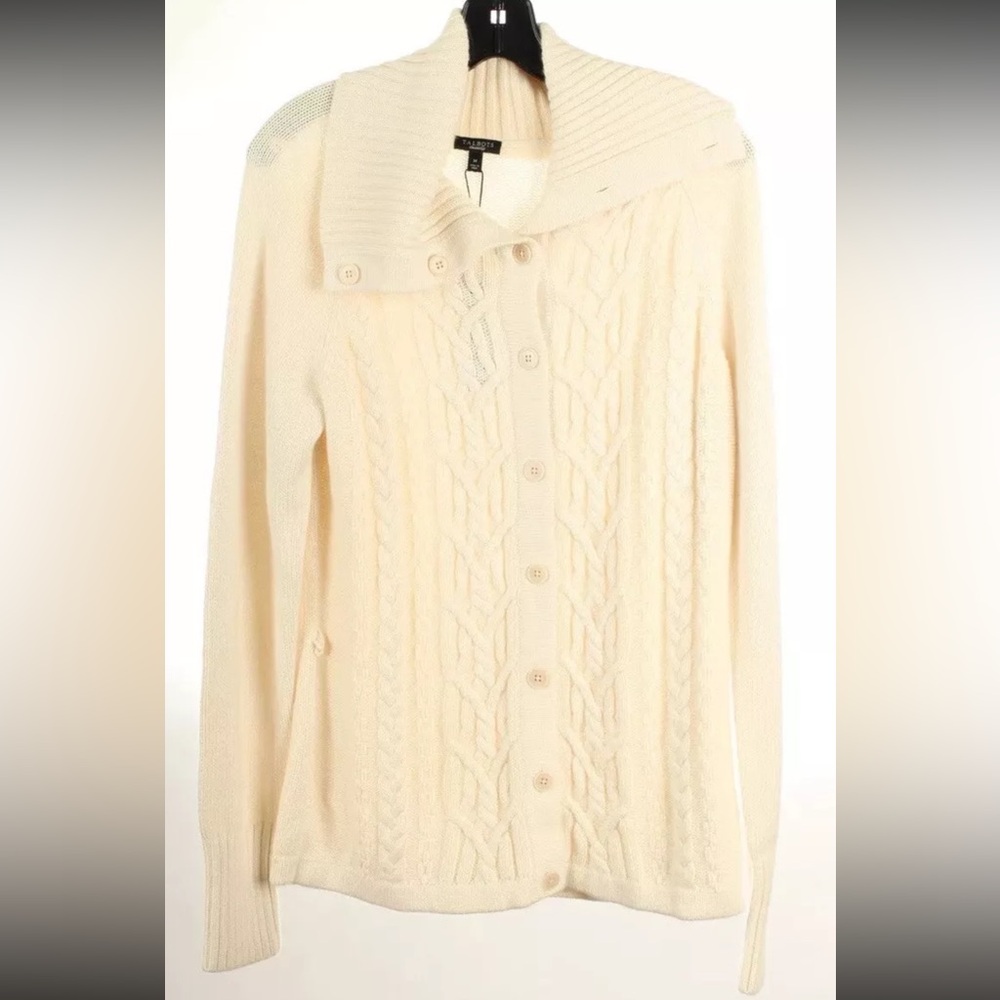 Talbots Women’s Sweater Medium White Button Up Cable Knit Long Sleeve